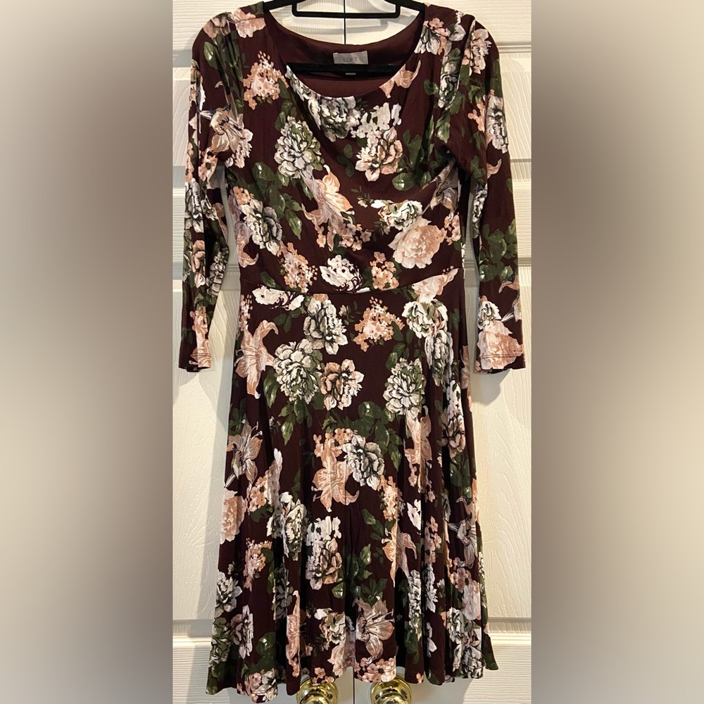 Loft Outlet Maroon And White Floral A-Line Dress Long Sleeve Size Small